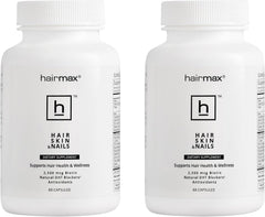 Hairmax bottle front view showcases packaging for hair, skin, and nails support