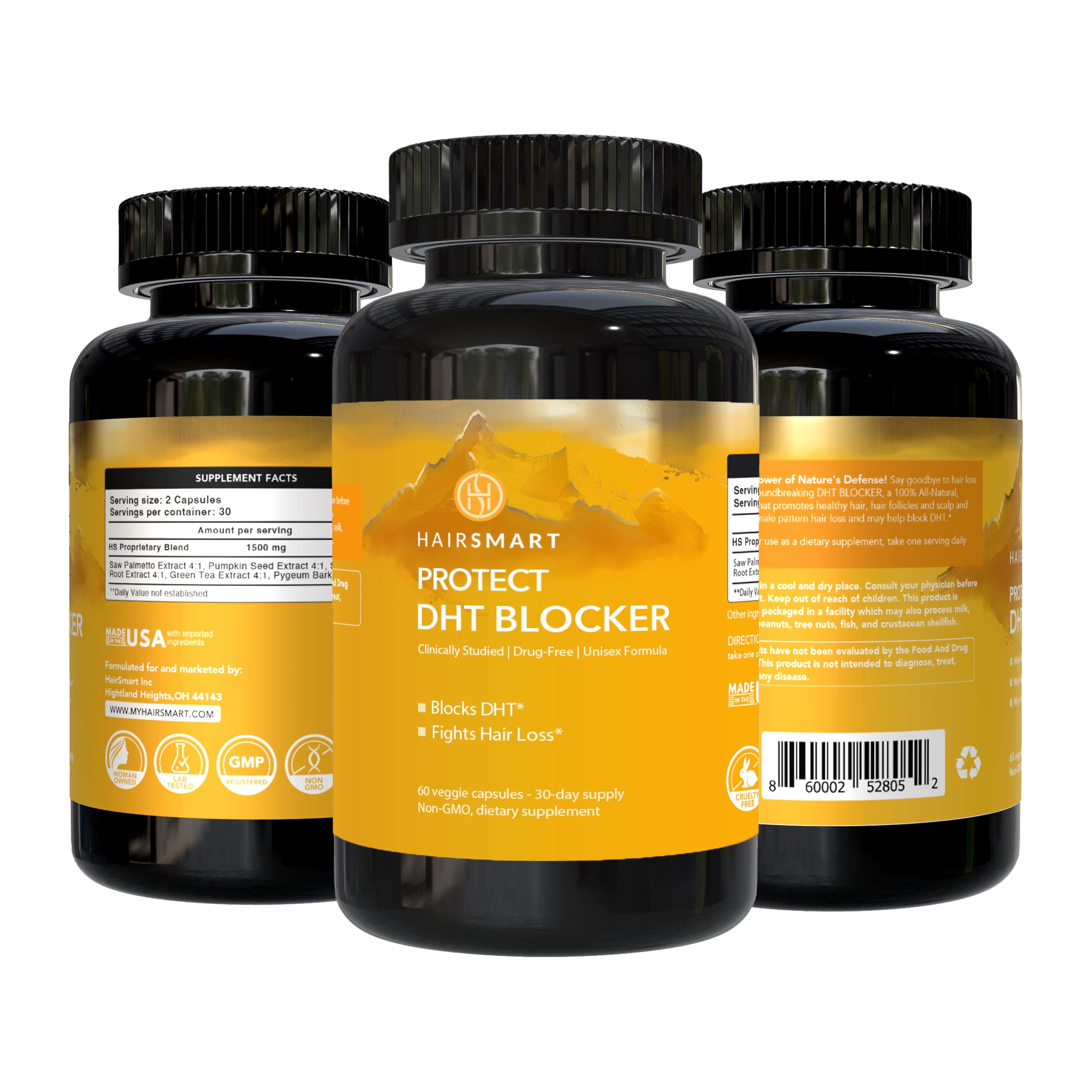 HairSmart DHT Blocker bottle front highlights gluten-free formula for hair wellness.
