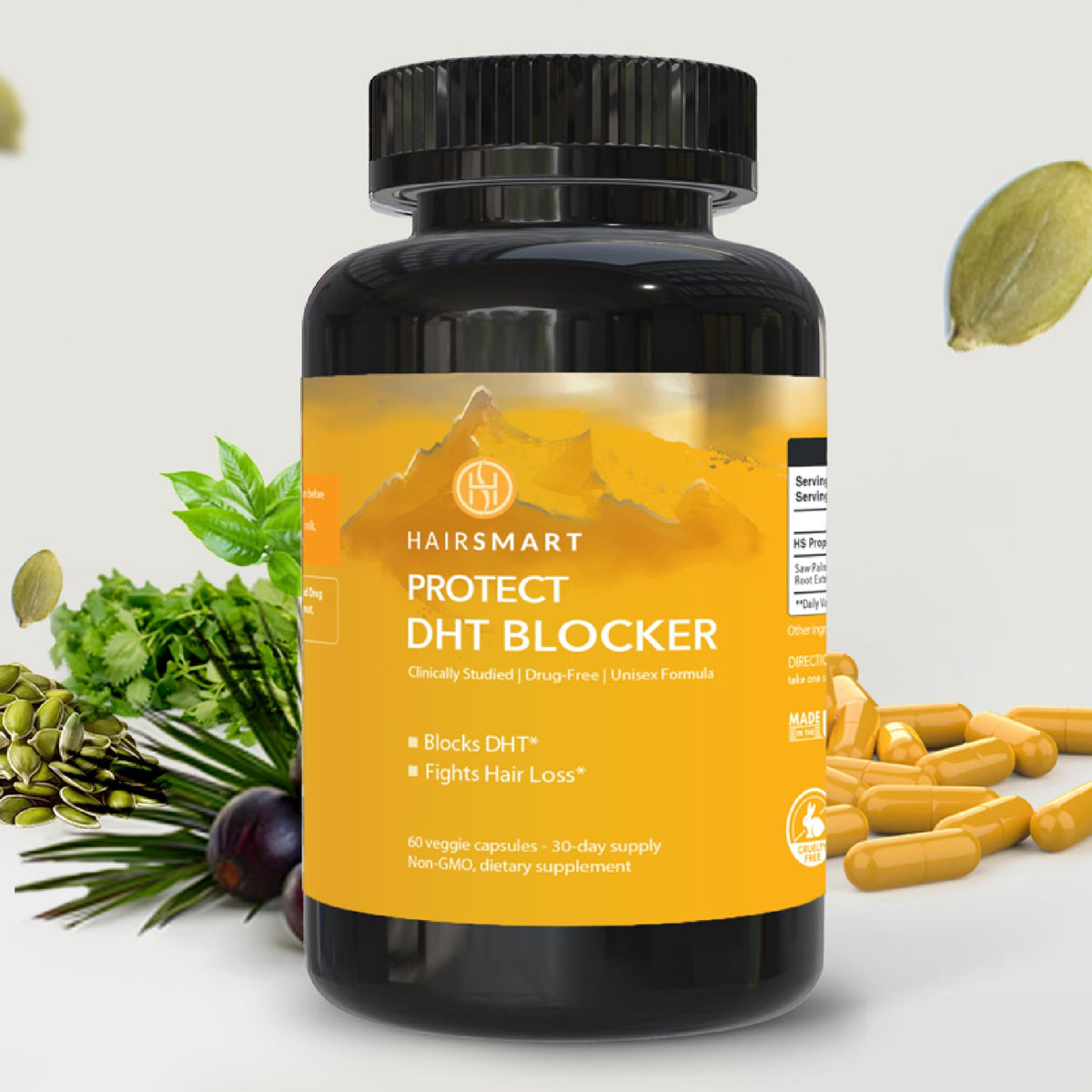 HairSmart DHT Blocker bottle shows vegan, gluten-free formula for hair wellness