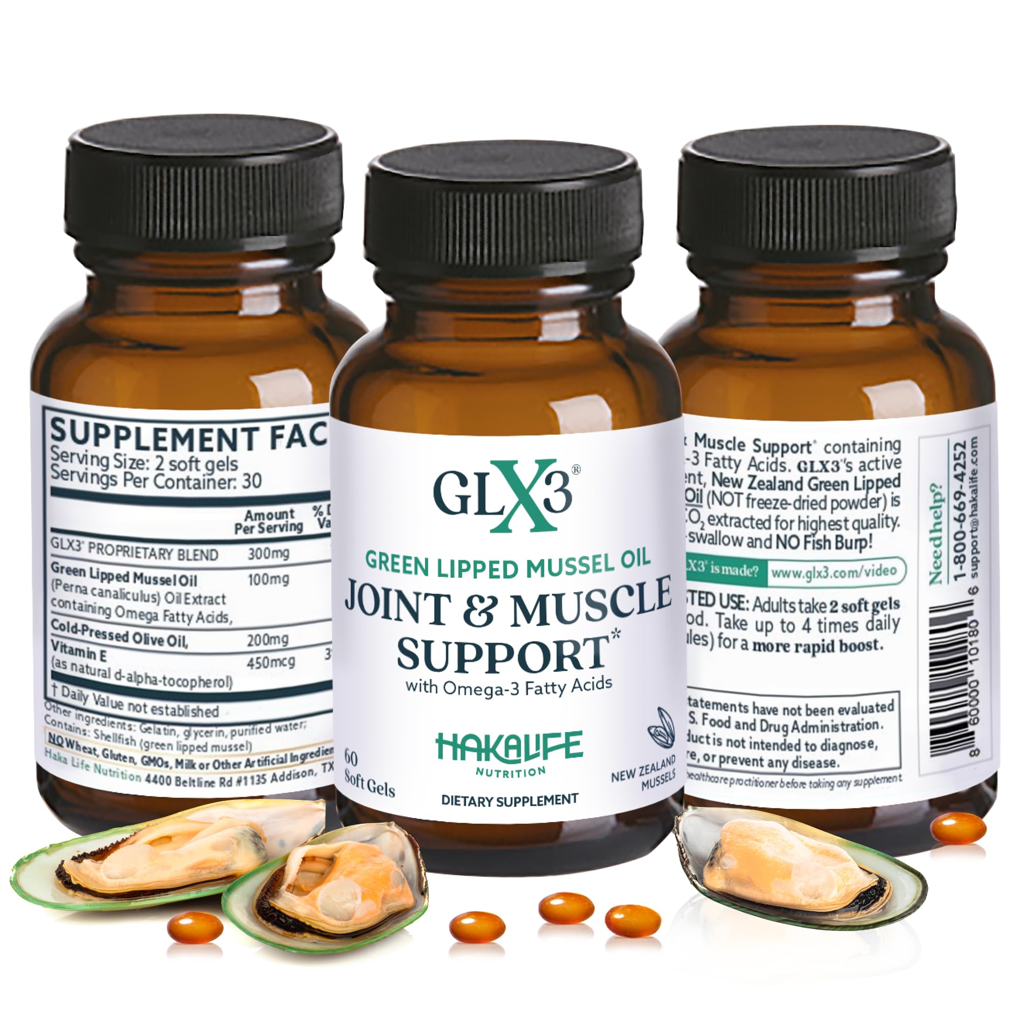 HAKA Life GLX3 bottle front with easy-to-swallow capsules for daily joint support.