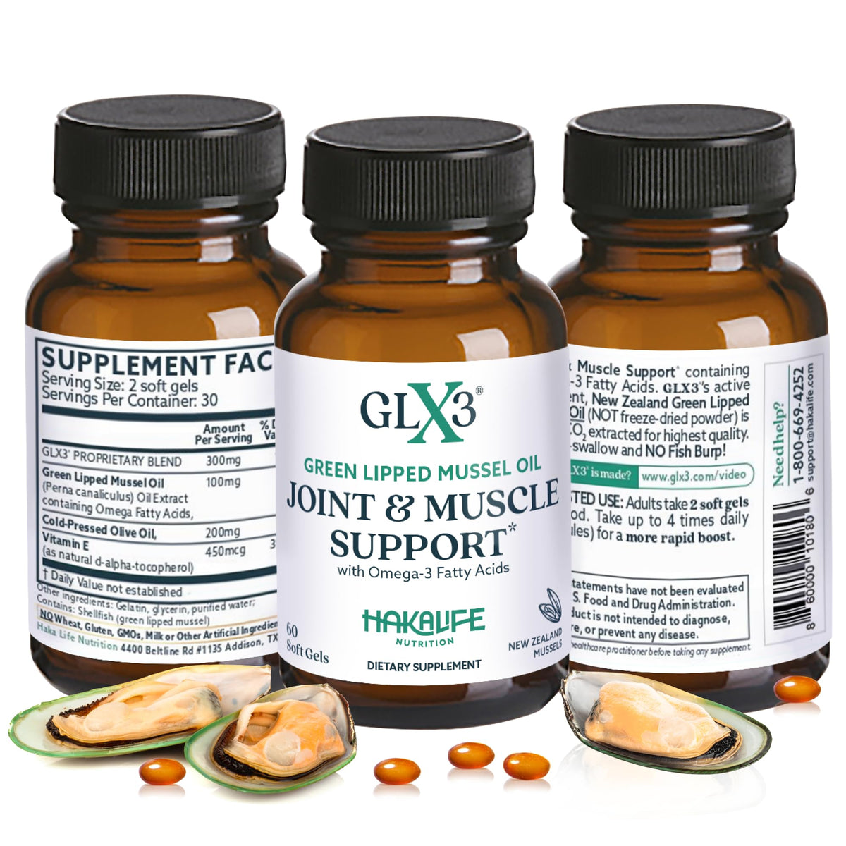 HAKA Life GLX3 bottle front with easy-to-swallow capsules for daily joint support.