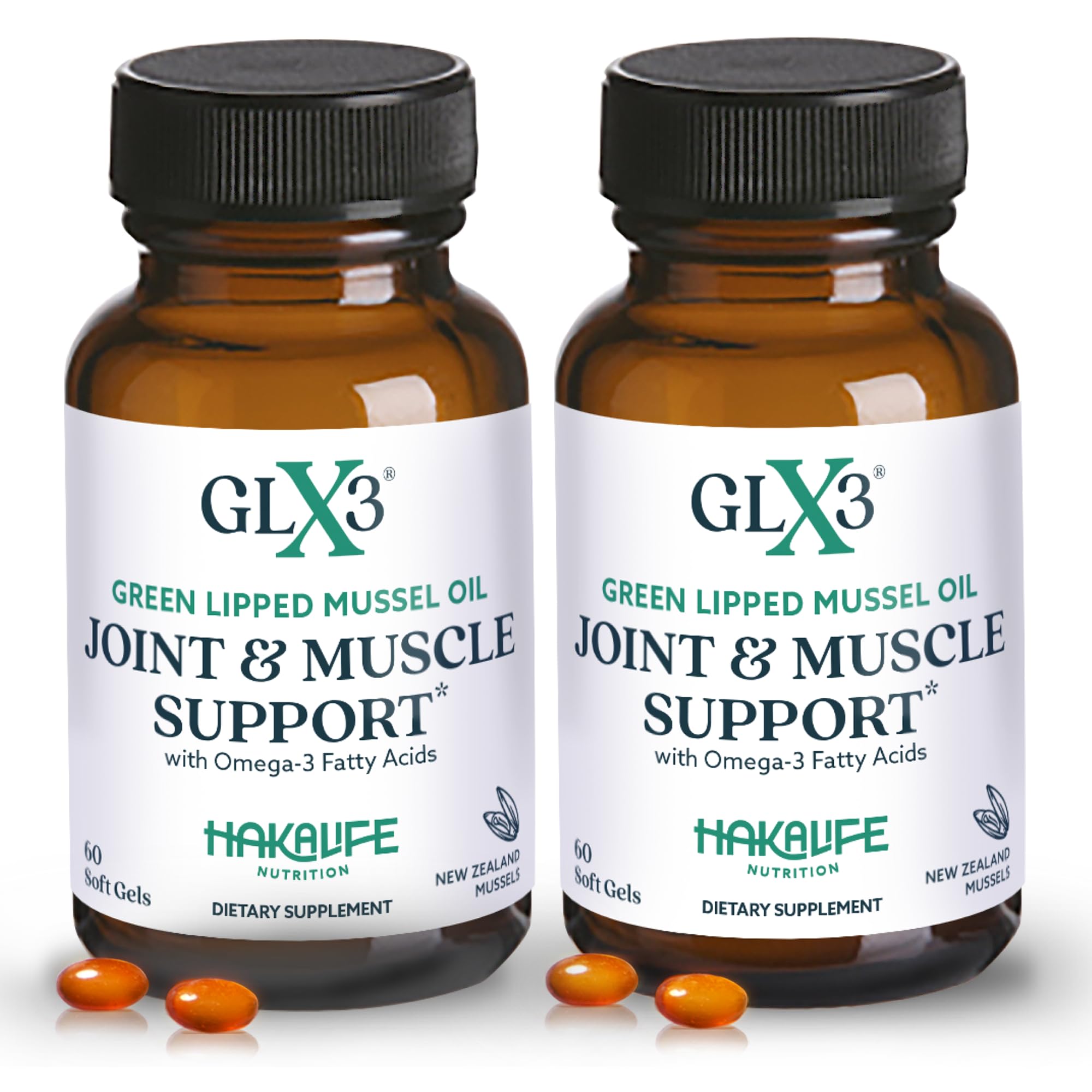 HAKA GLX3 bottle label highlights premium omega-3 for joint support.