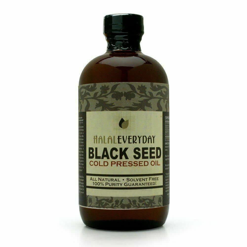 HalalEveryDay black seed oil 16oz bottle, pure and hexane-free, ready for daily use.