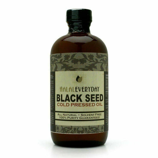 HalalEveryDay black seed oil 16oz bottle, pure and hexane-free, ready for daily use.