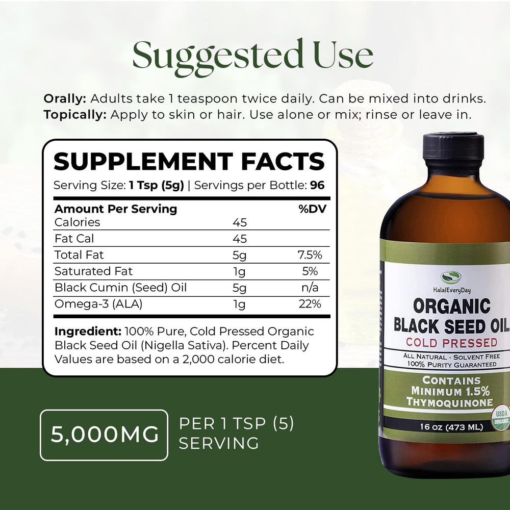 HalalEveryDay Black Seed Oil label close-up highlighting organic and halal certification
