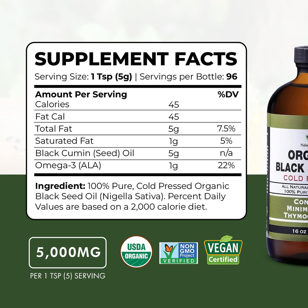 HalalEveryDay Black Seed Oil bottle on kitchen counter for daily use.