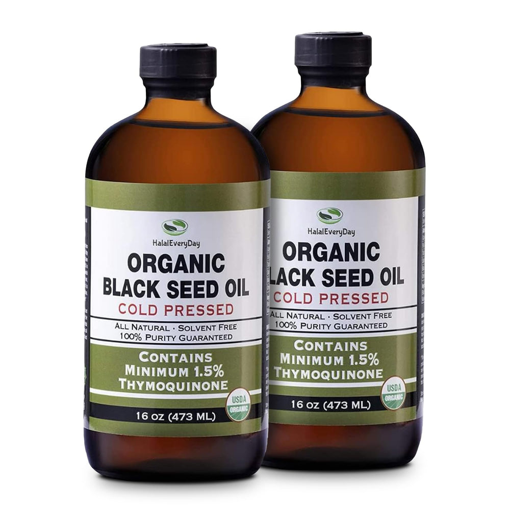 HalalEveryDay Organic Black Seed Oil front label, cold-pressed quality.