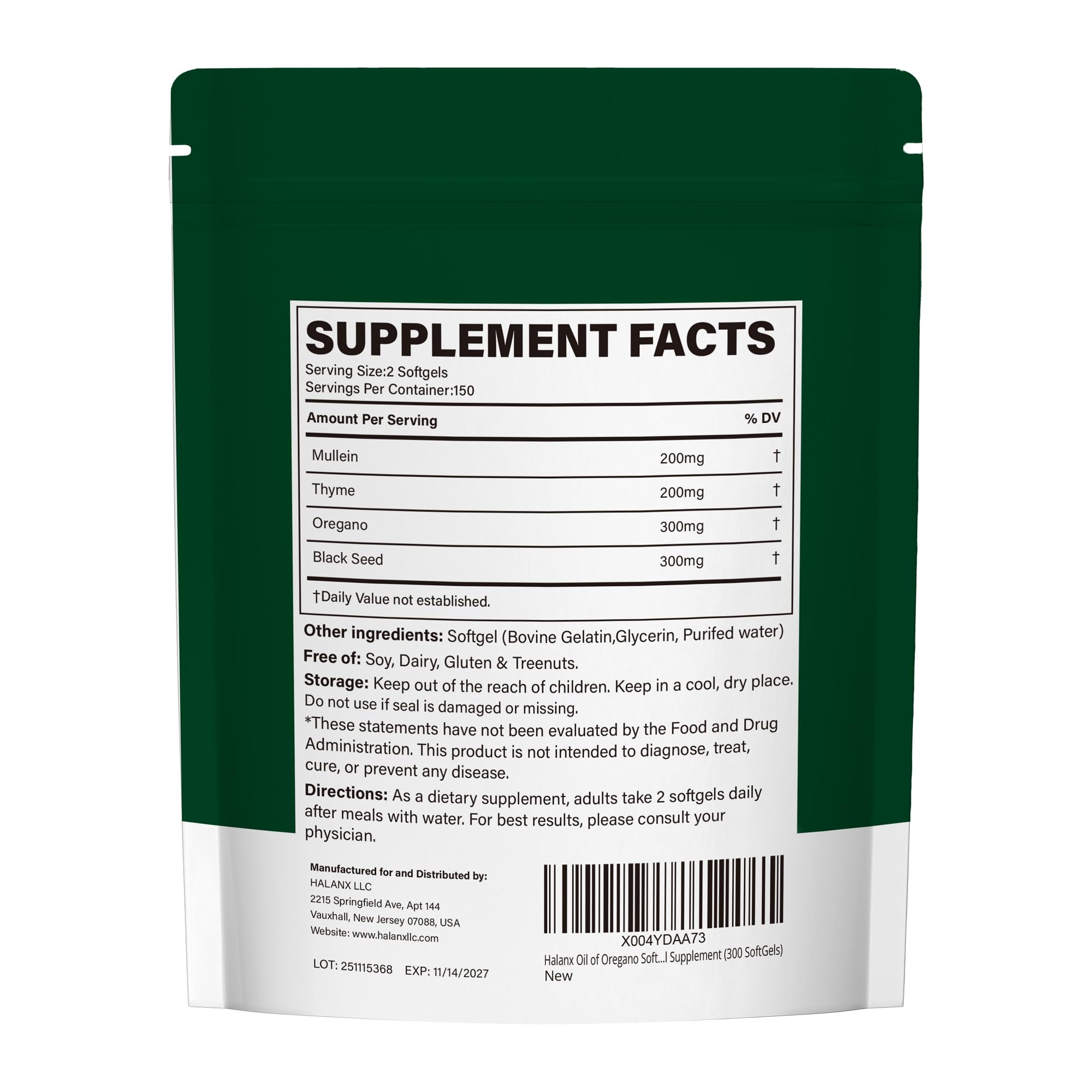 Halanx Oil of Oregano Softgels bottle back view for transparency and potency.