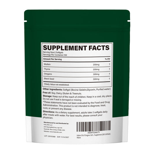 Halanx Oil of Oregano Softgels bottle back view for transparency and potency.