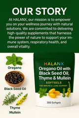 Halanx Softgels label detail highlighting oregano and thyme notes for informed use.