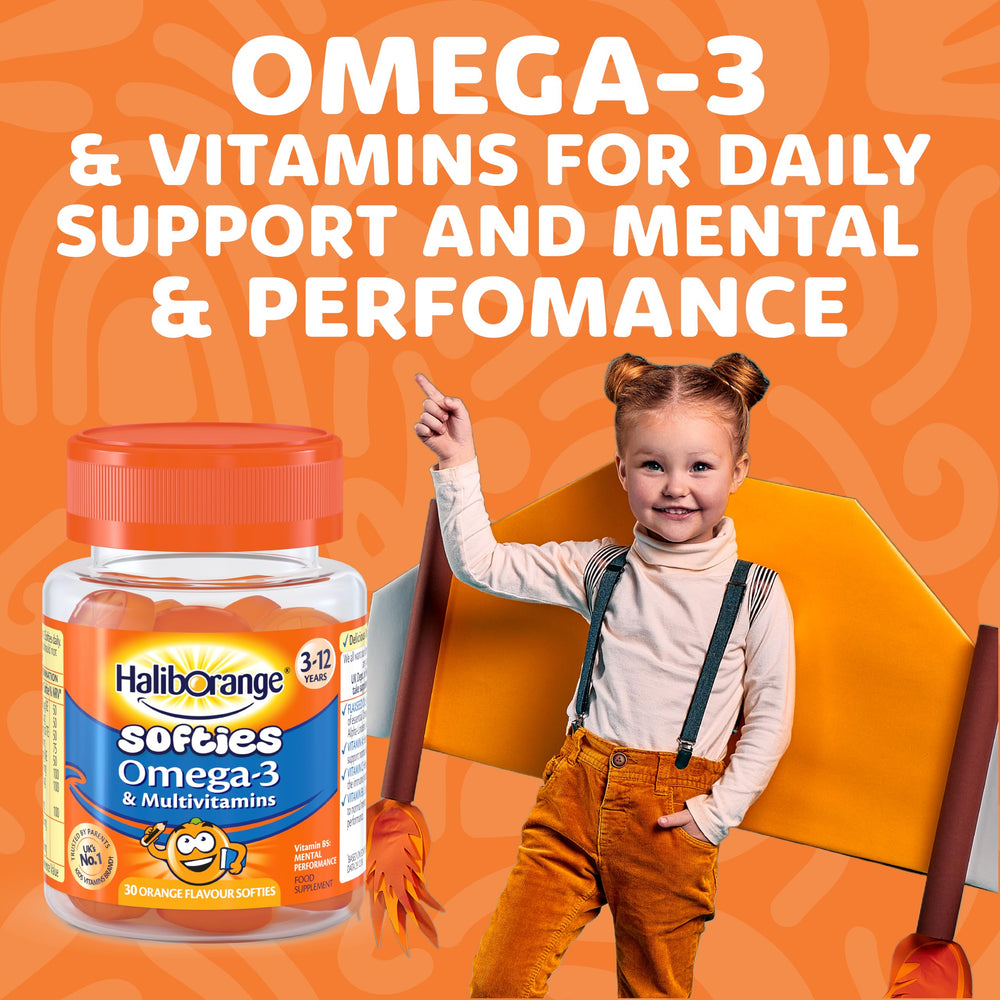 Haliborange omega3 softgels closeup for daily nutritional balance.