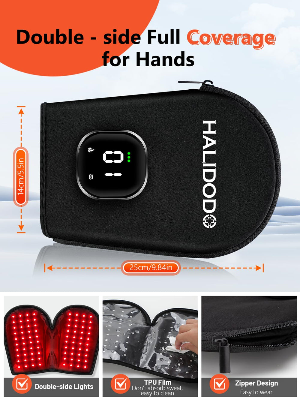 HALIDODO cordless glove battery charging scenario with full charge indicator
