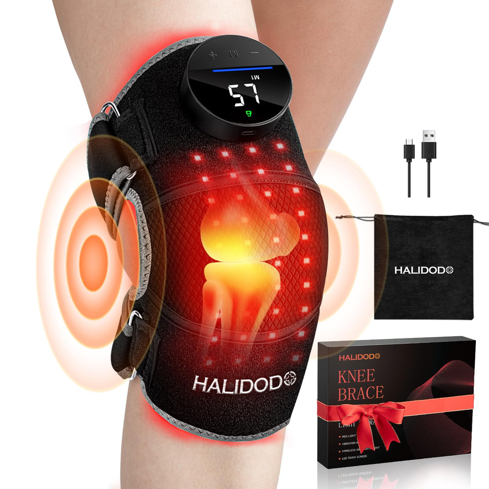 HALIDODO red light knee brace front view showing targeted joint therapy for daily activities