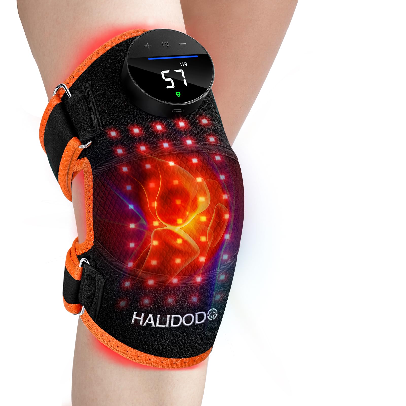 HALIDODO knee brace front view shows red light therapy for enhanced knee comfort.