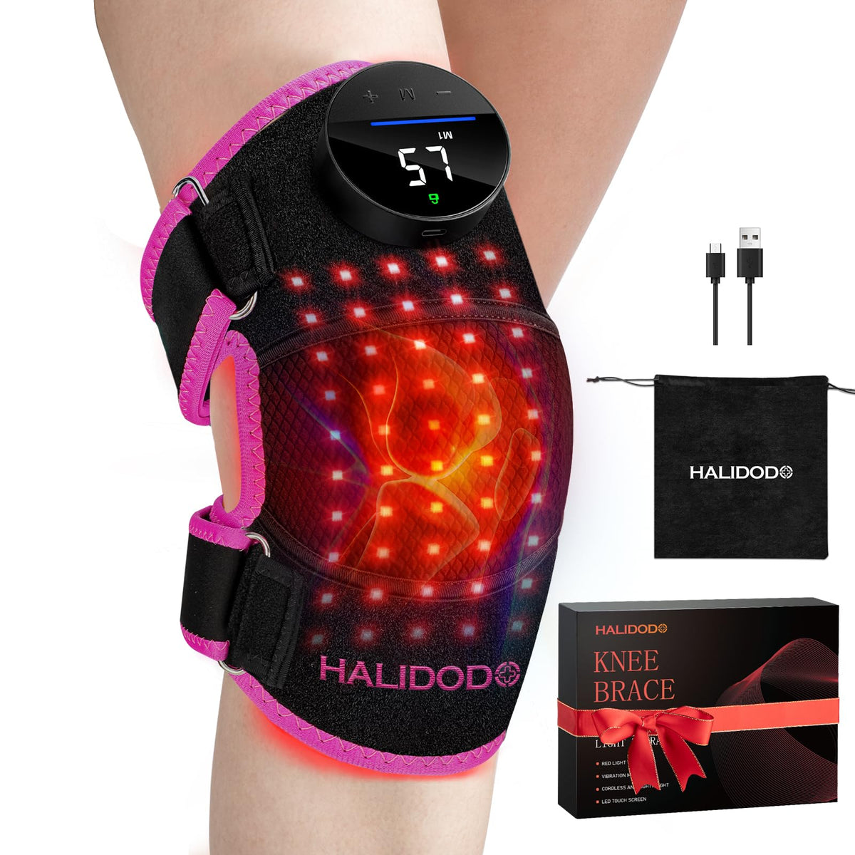 HALIDODO red light therapy knee brace front view showing cordless design for on-the-go relief