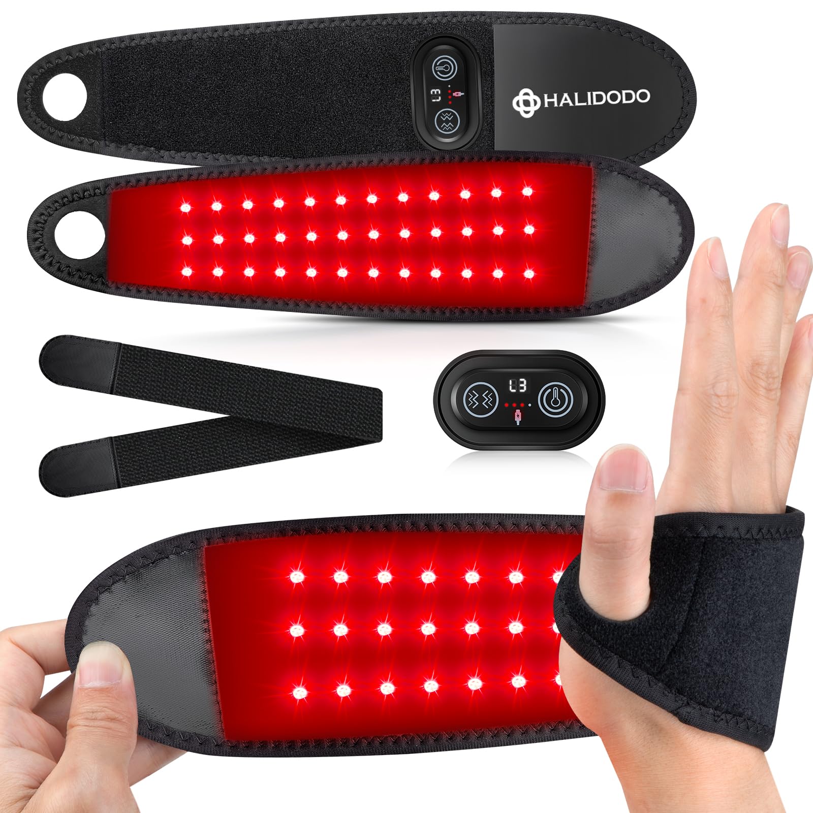 HALIDODO red light wrist wrap therapy with dense LEDs for deep joint warming.