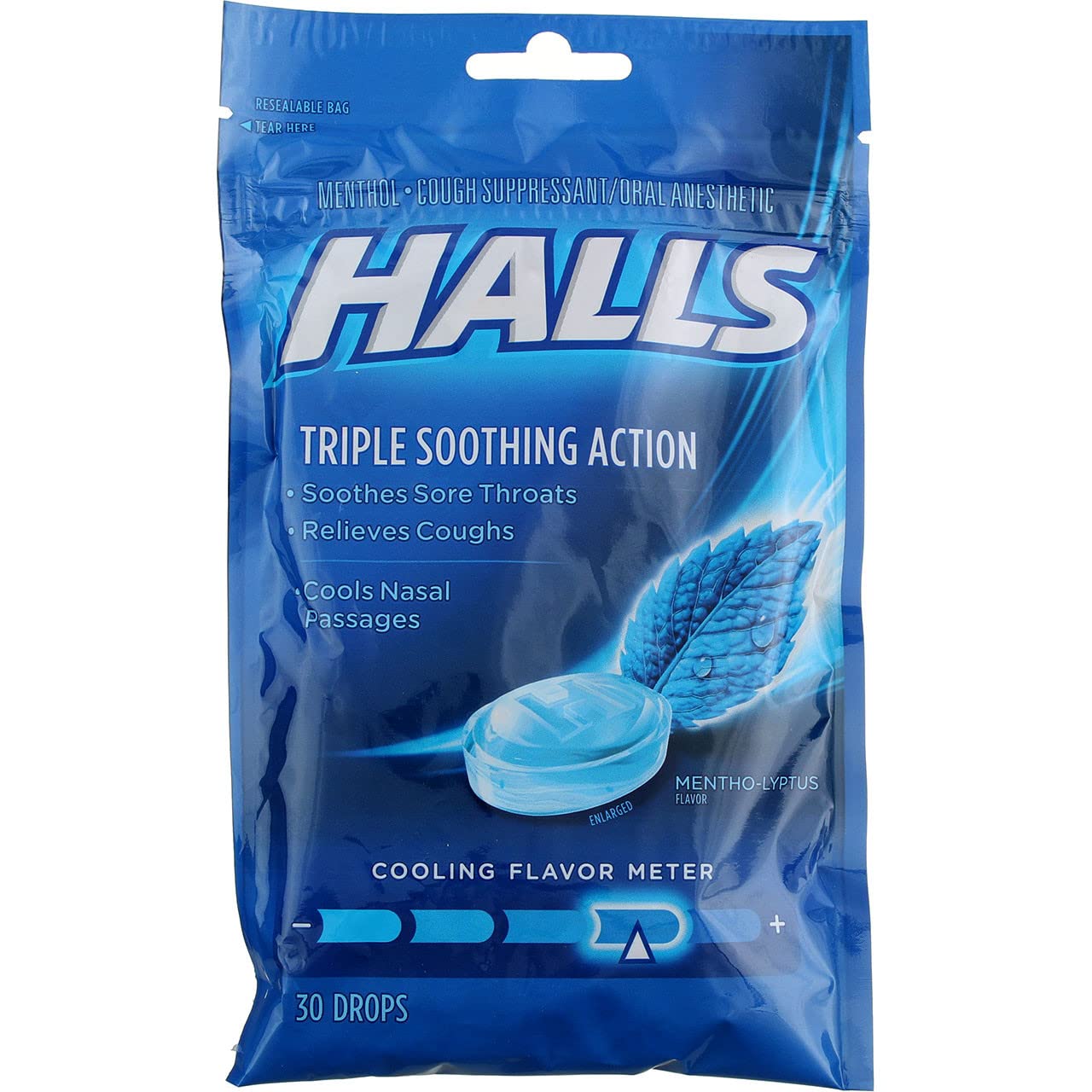 HALLS Mentho-Lyptus Drops product front shows minty lozenges for quick throat relief