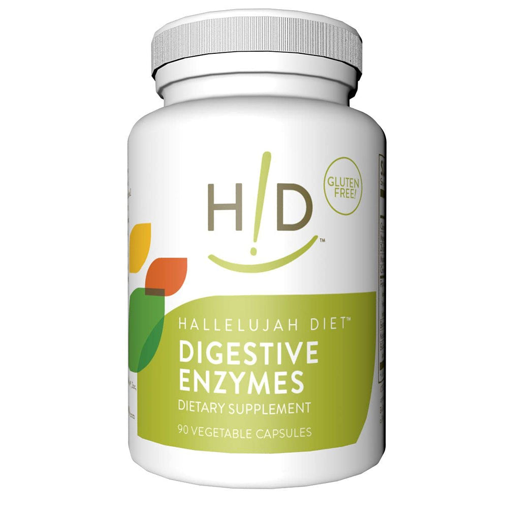 The Hallelujah Diet digestive enzymes bottle pour shows convenient meal-time support.