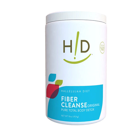 Hallelujah Diet Fiber Cleanse Powder bottle supports digestive balance with plant-based ingredients.