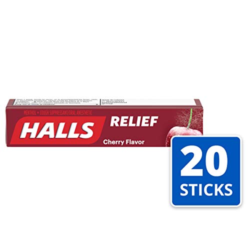 HALLS cherry drops close-up, menthol cooling aids throat comfort.