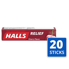 HALLS cherry drops close-up, menthol cooling aids throat comfort.