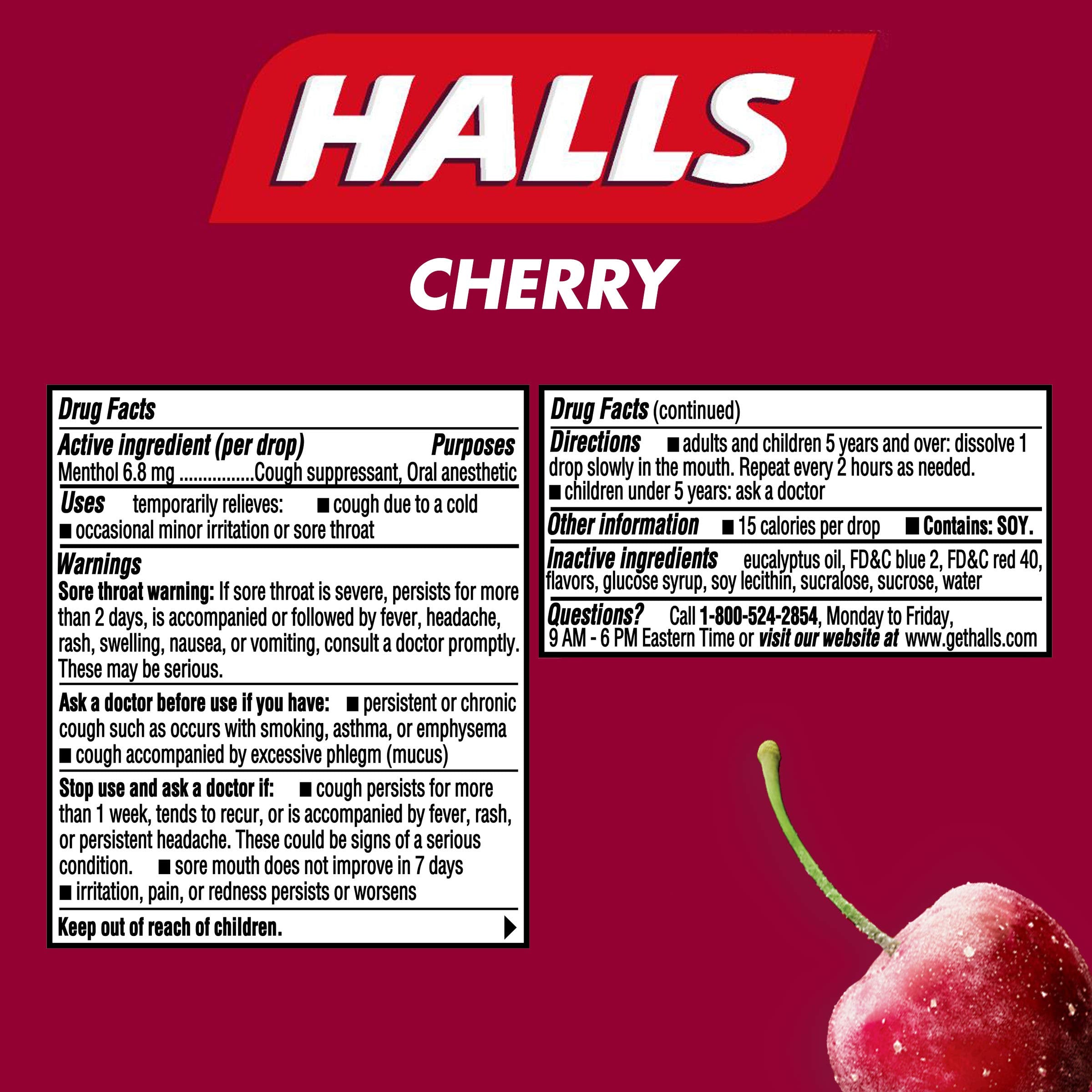 HALLS cherry drops held in hand for throat soothing.