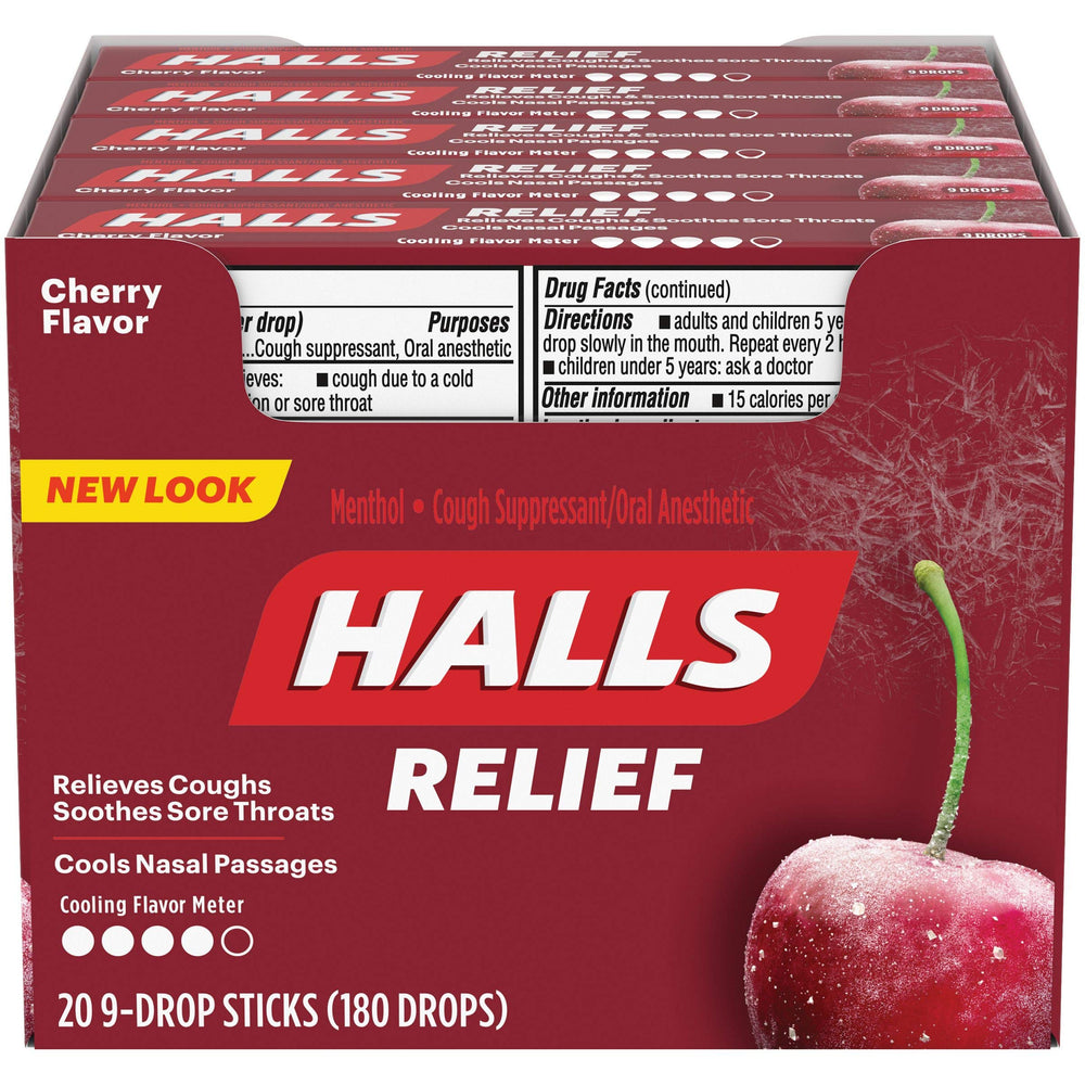 HALLS cherry cough drops pack for on-the-go throat relief.