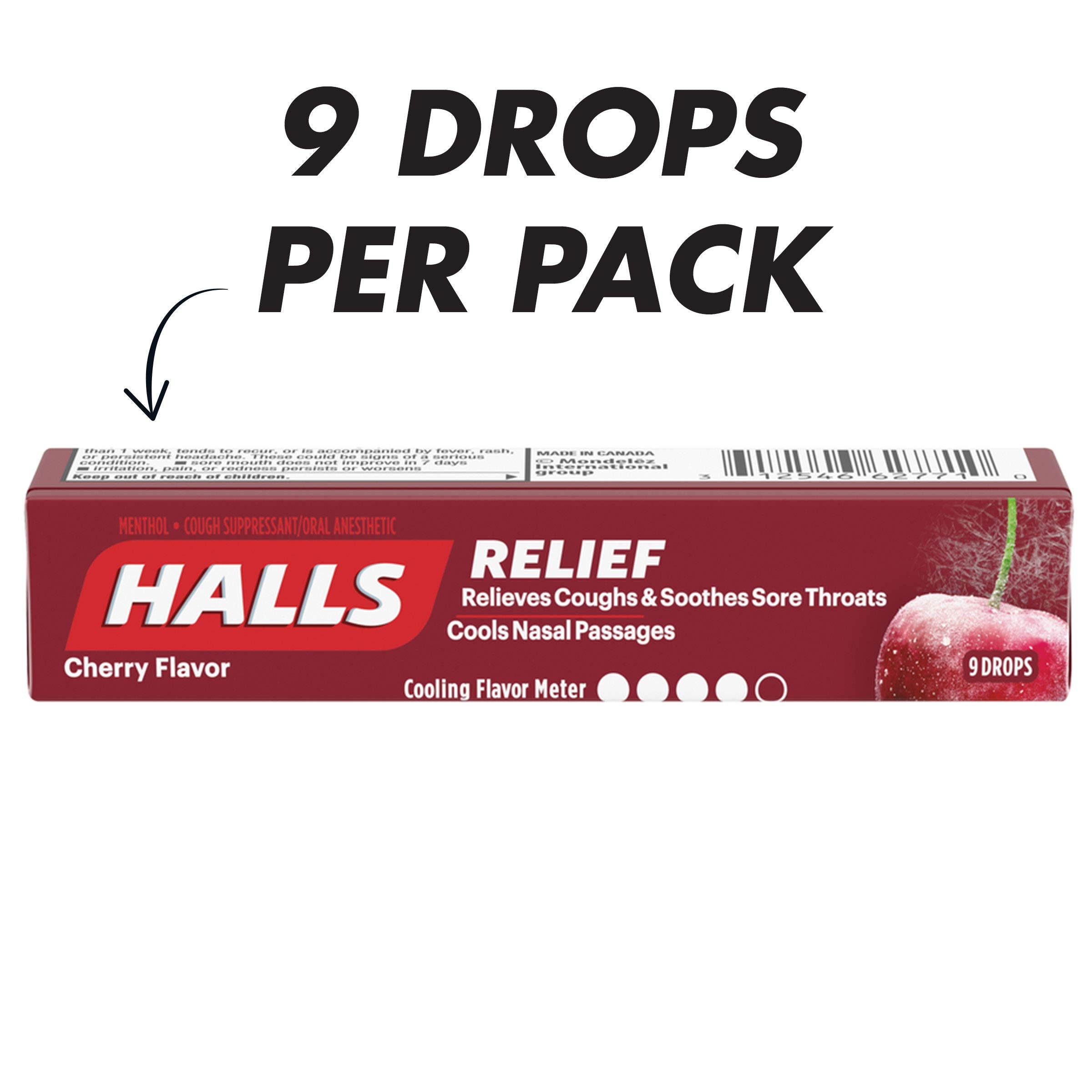 HALLS cherry drops on tray display for quick pick-and-go.