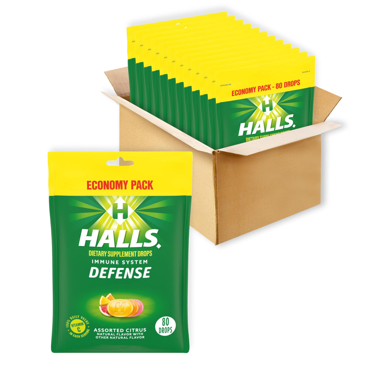 HALLS Defense citrus drops pack front view for daily vitamin C routine.