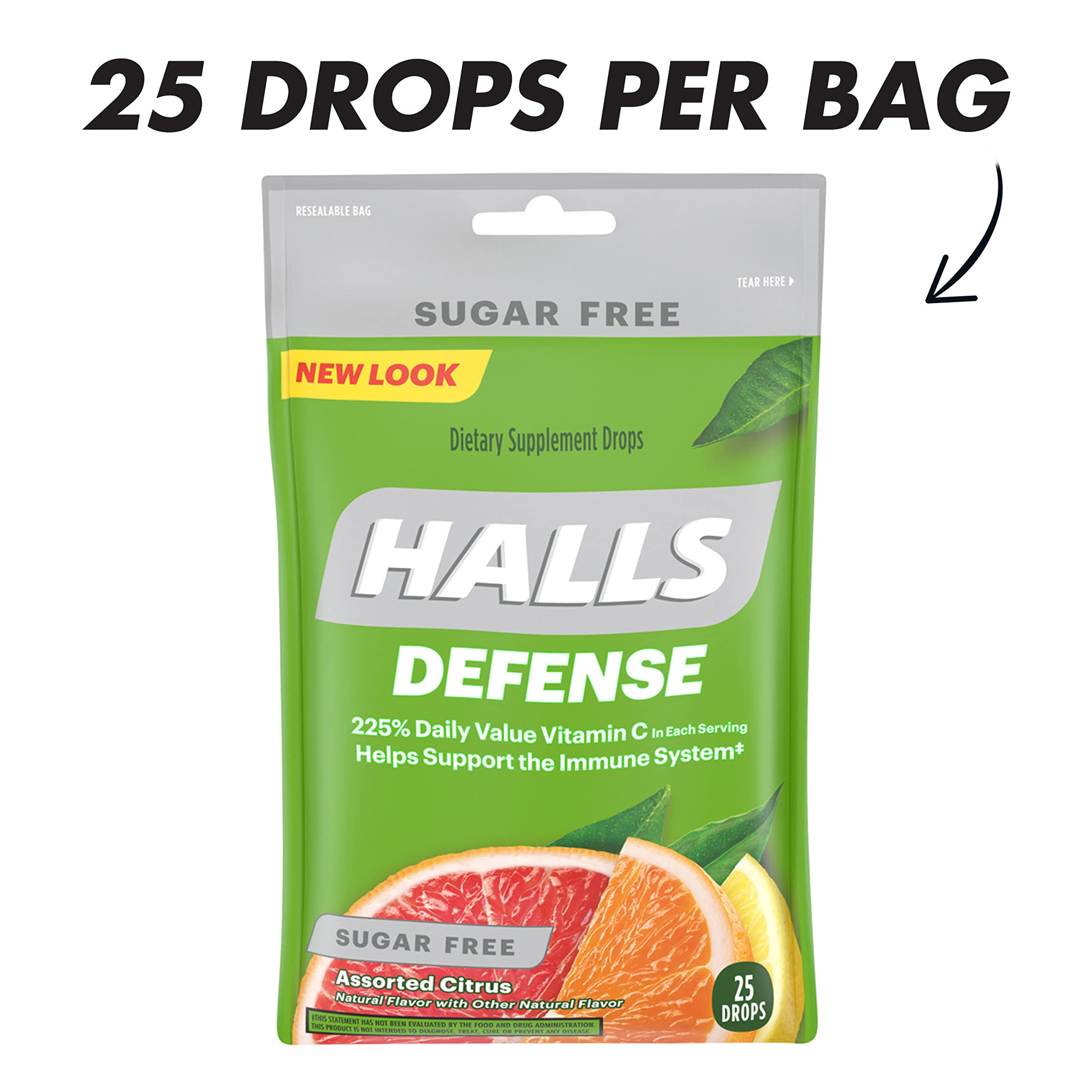 HALLS Defense resealable bags of sugar-free vitamin C drops for freshness.