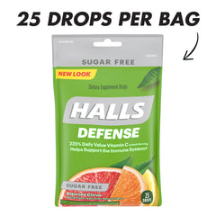 HALLS Defense resealable bags of sugar-free vitamin C drops for freshness.