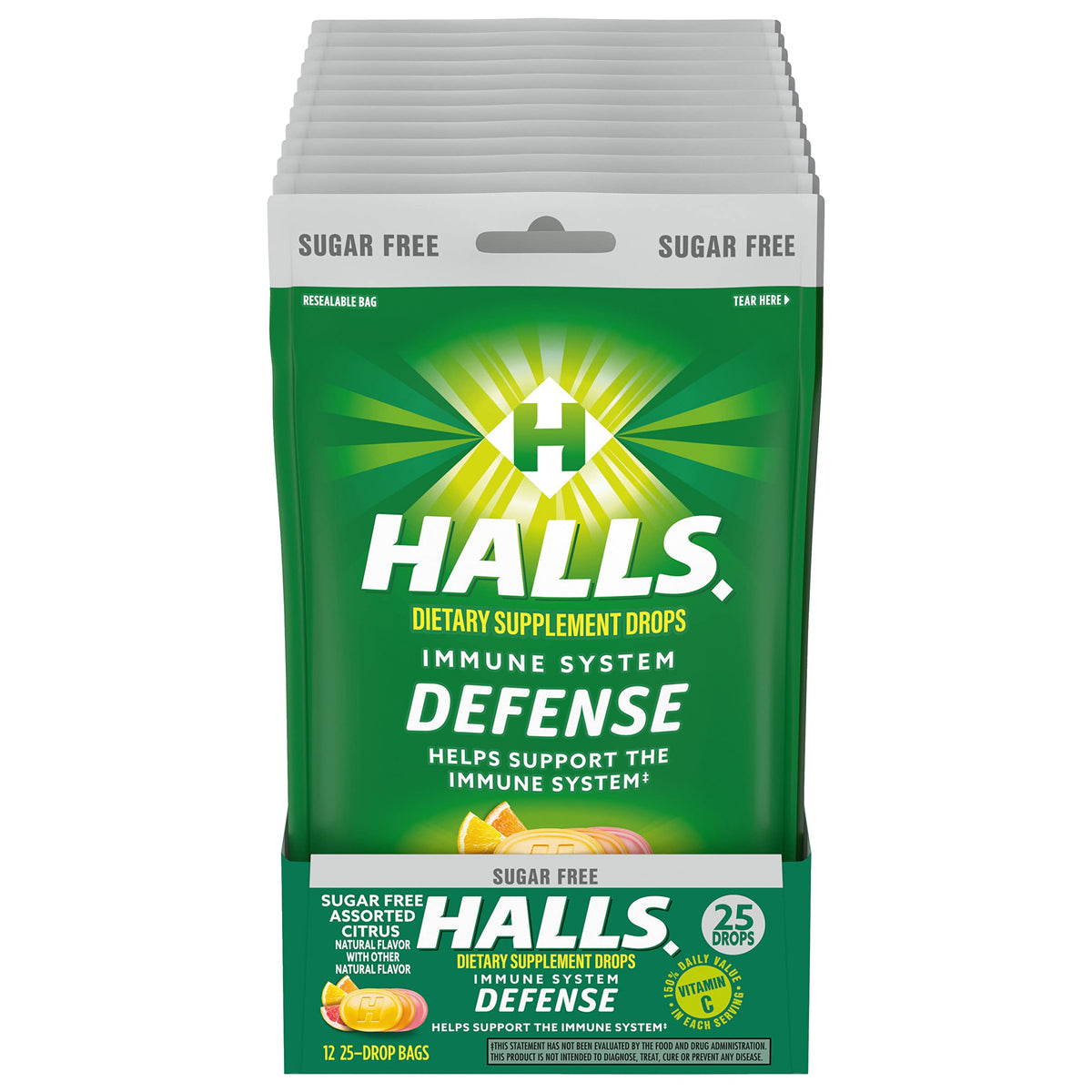 HALLS Defense front packaging for citrus sugar-free vitamin C drops.