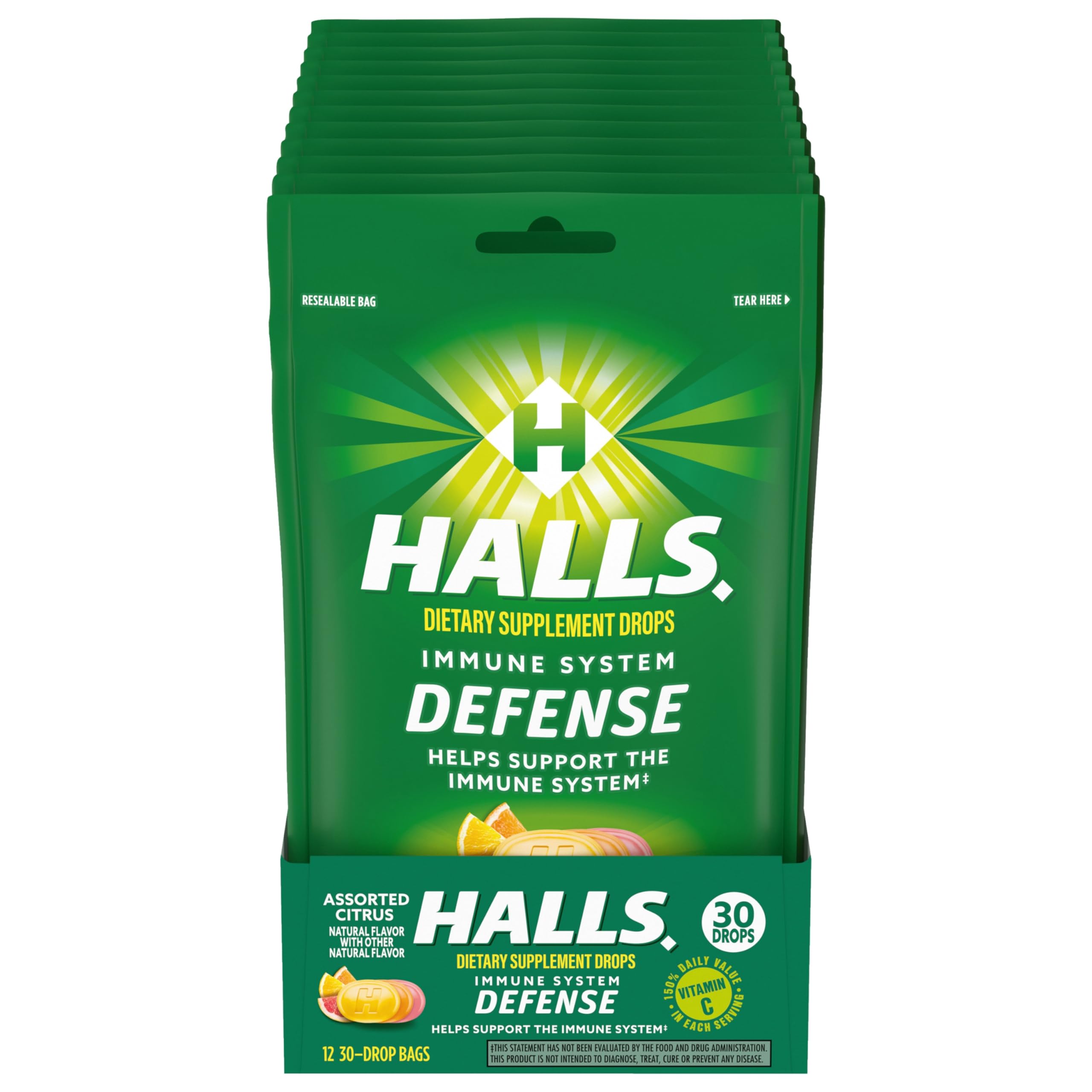 HALLS Defense bag front shows resealable packaging for easy daily vitamin C use