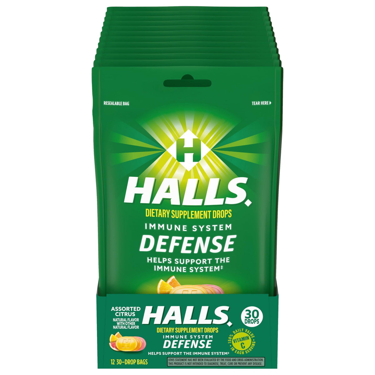 HALLS Defense bag front shows resealable packaging for easy daily vitamin C use