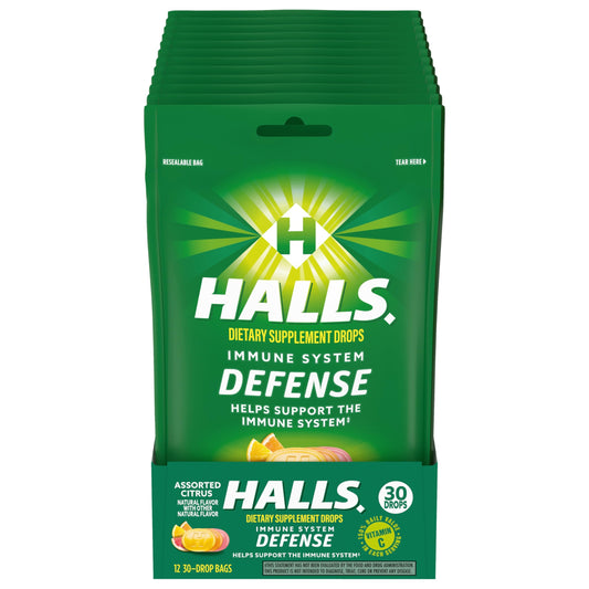 HALLS Defense bag front shows resealable packaging for easy daily vitamin C use