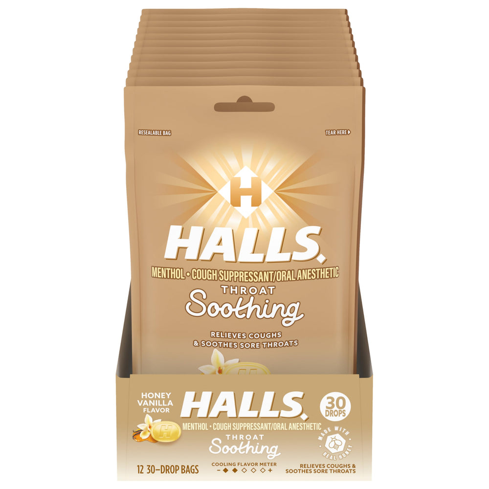 HALLS honey vanilla cough drops bulk pack ready for on-the-go relief.