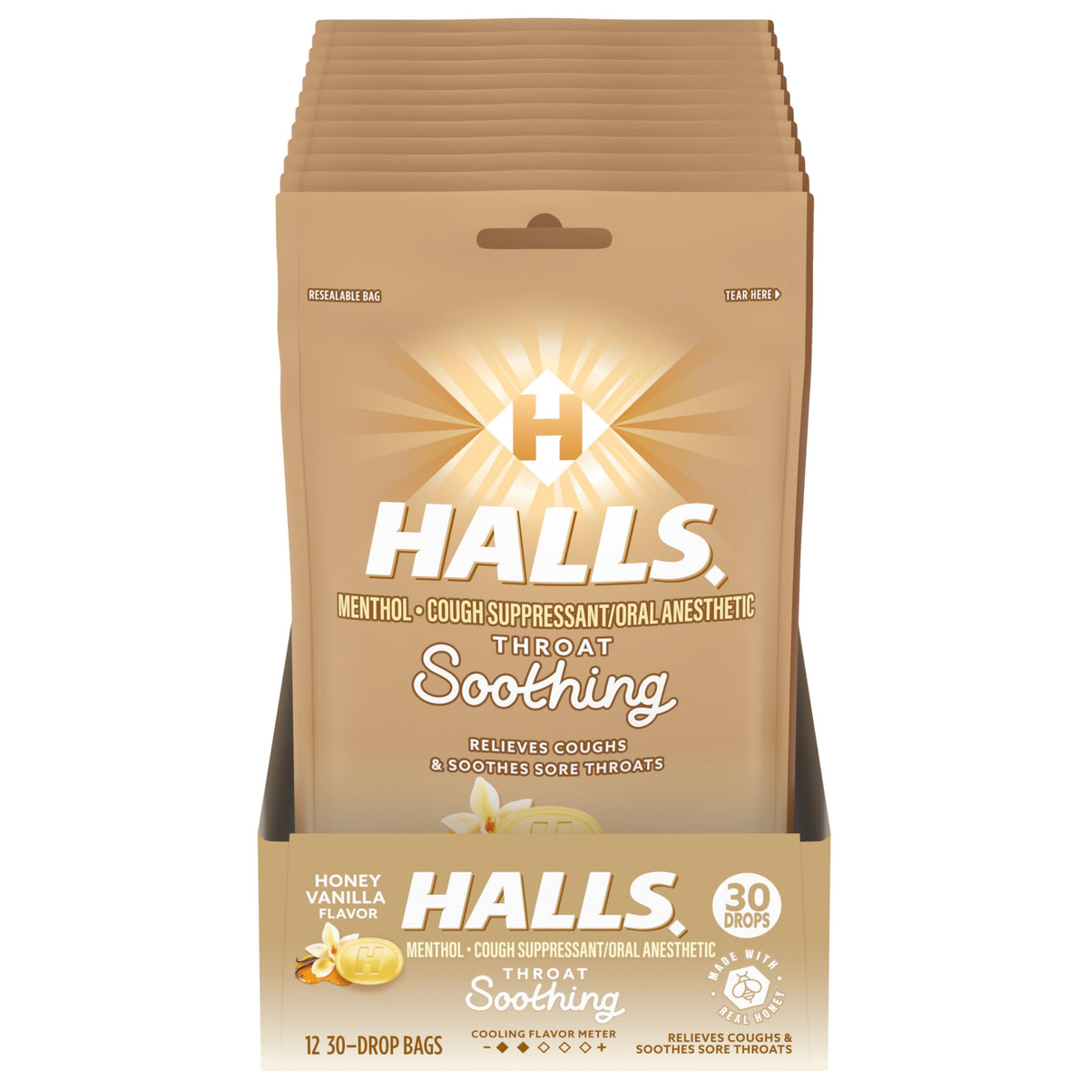HALLS honey vanilla cough drops bulk pack ready for on-the-go relief.