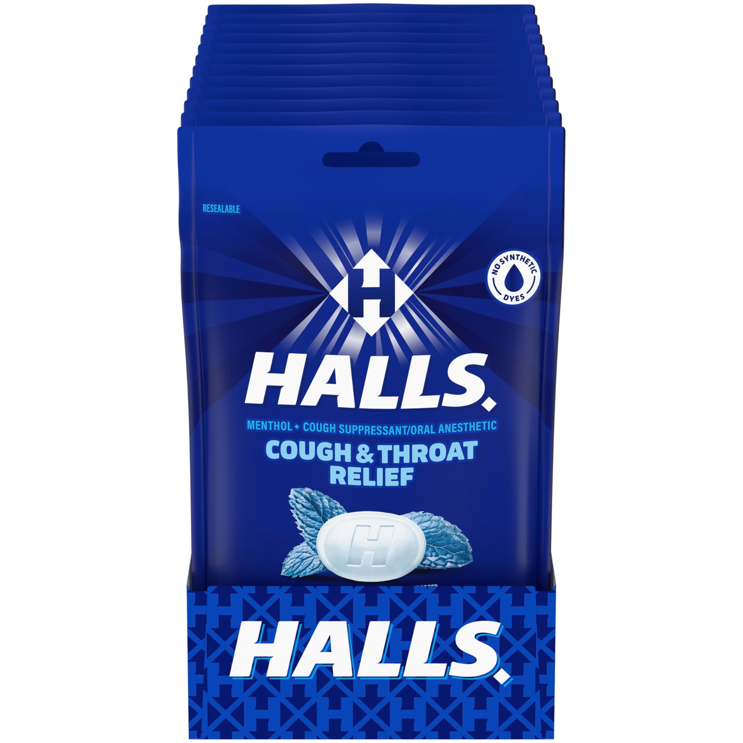 HALLS mentho-lyptus drops pack with 12 bags for on the go relief