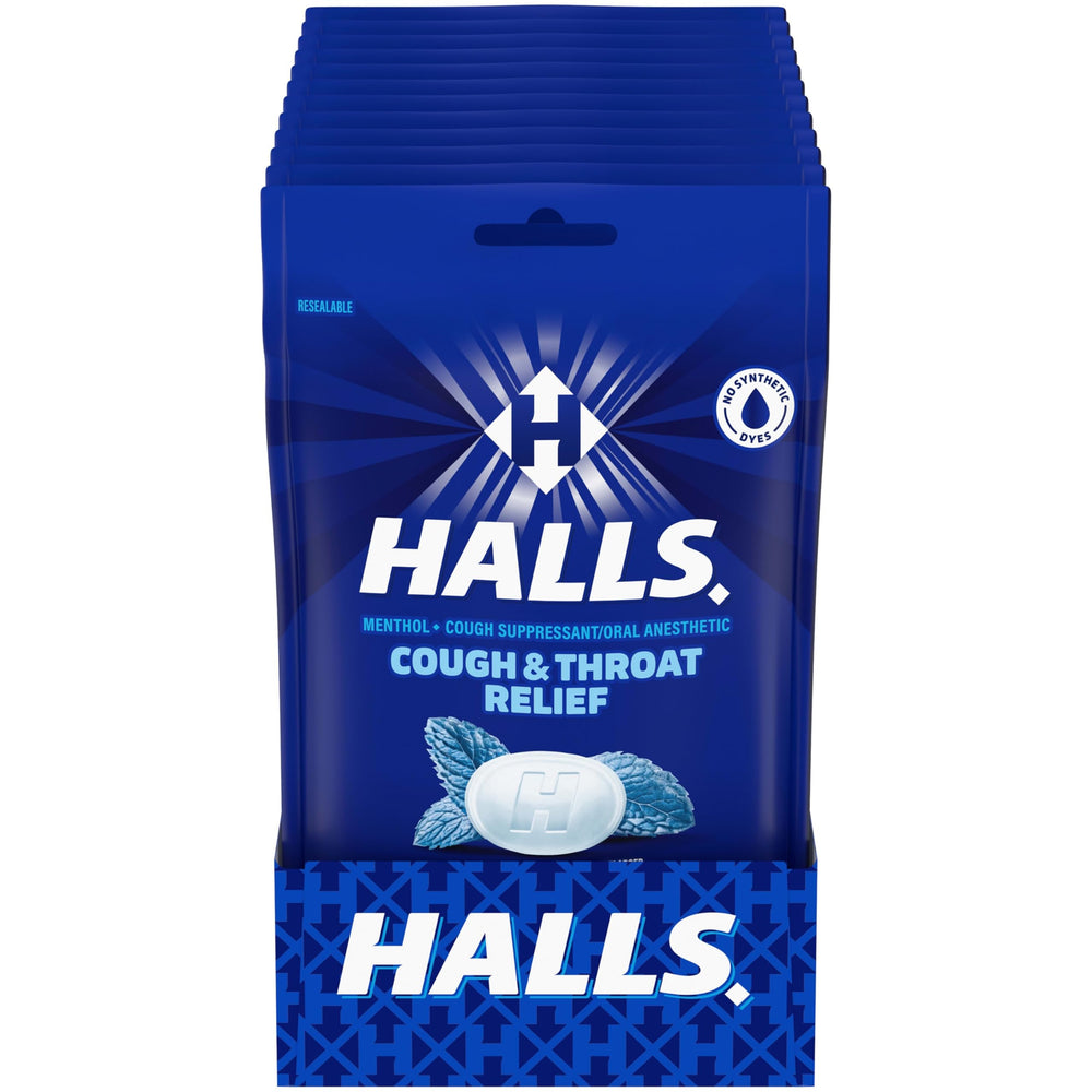 HALLS mentho-lyptus drops pack with 12 bags for on the go relief