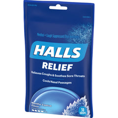 HALLS Mentho-Lyptus drops in hand illustrating portability and immediate relief.