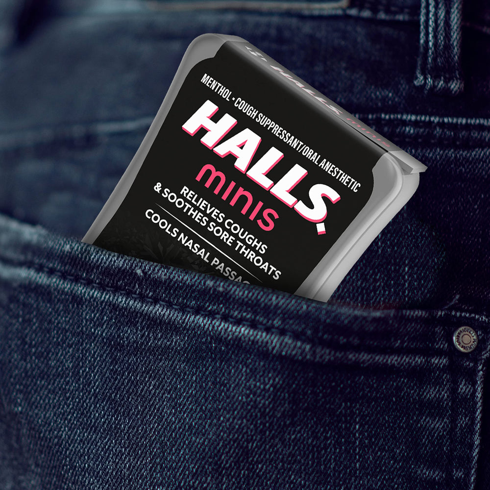 HALLS Minis Watermelon pack in pocket for discreet relief.
