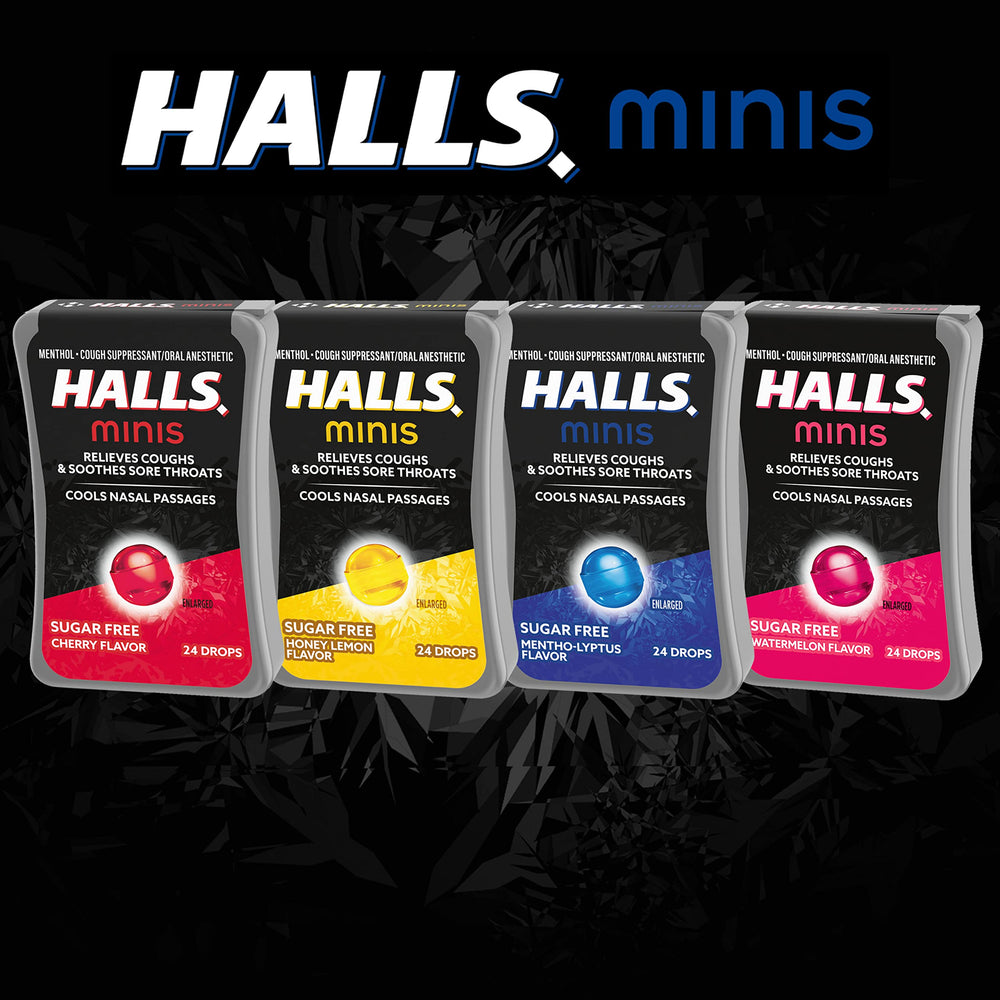 HALLS Minis Watermelon travel pack open for on-the-go.