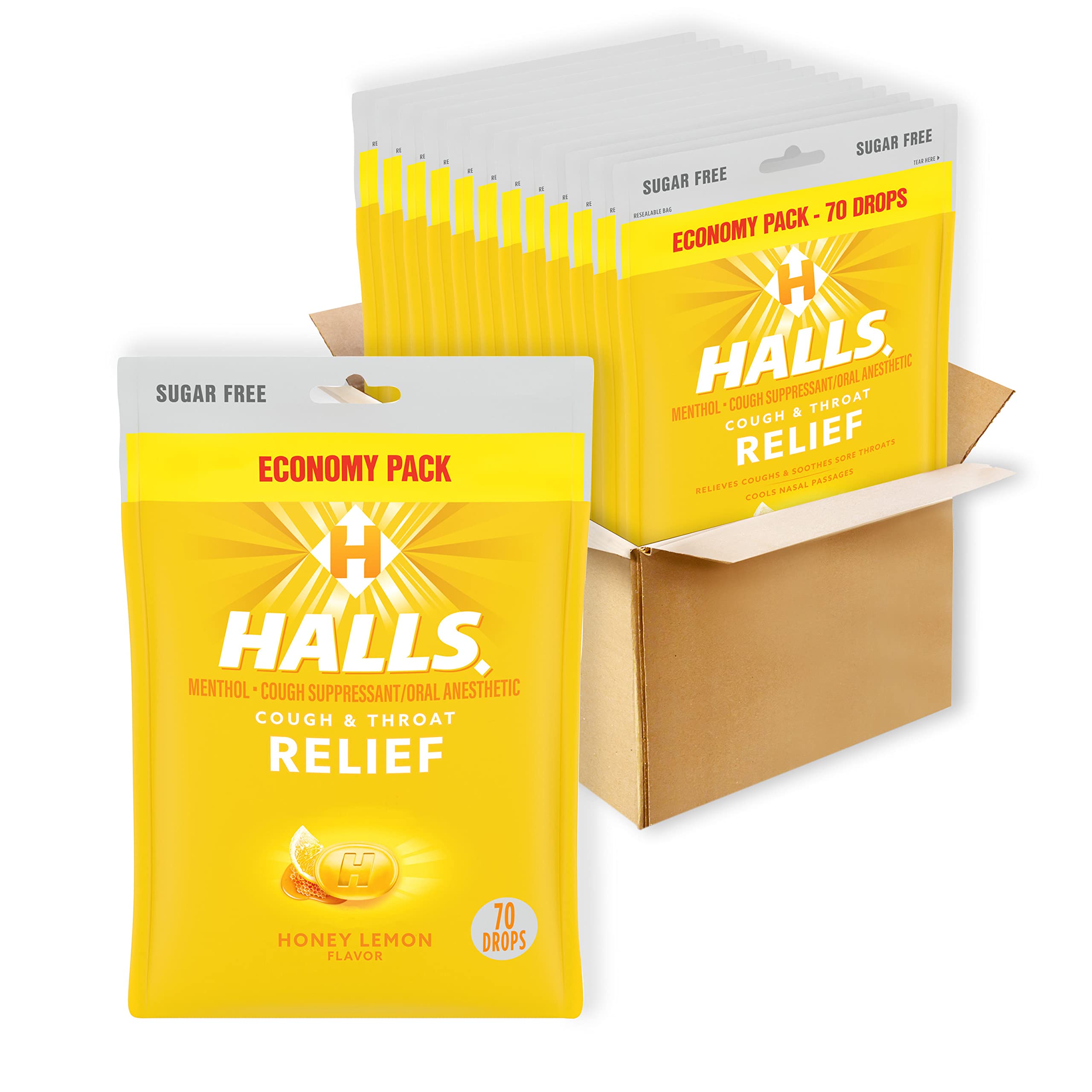 HALLS Relief Honey Lemon box shows portable, sugar-free cough drops for on-the-go relief.