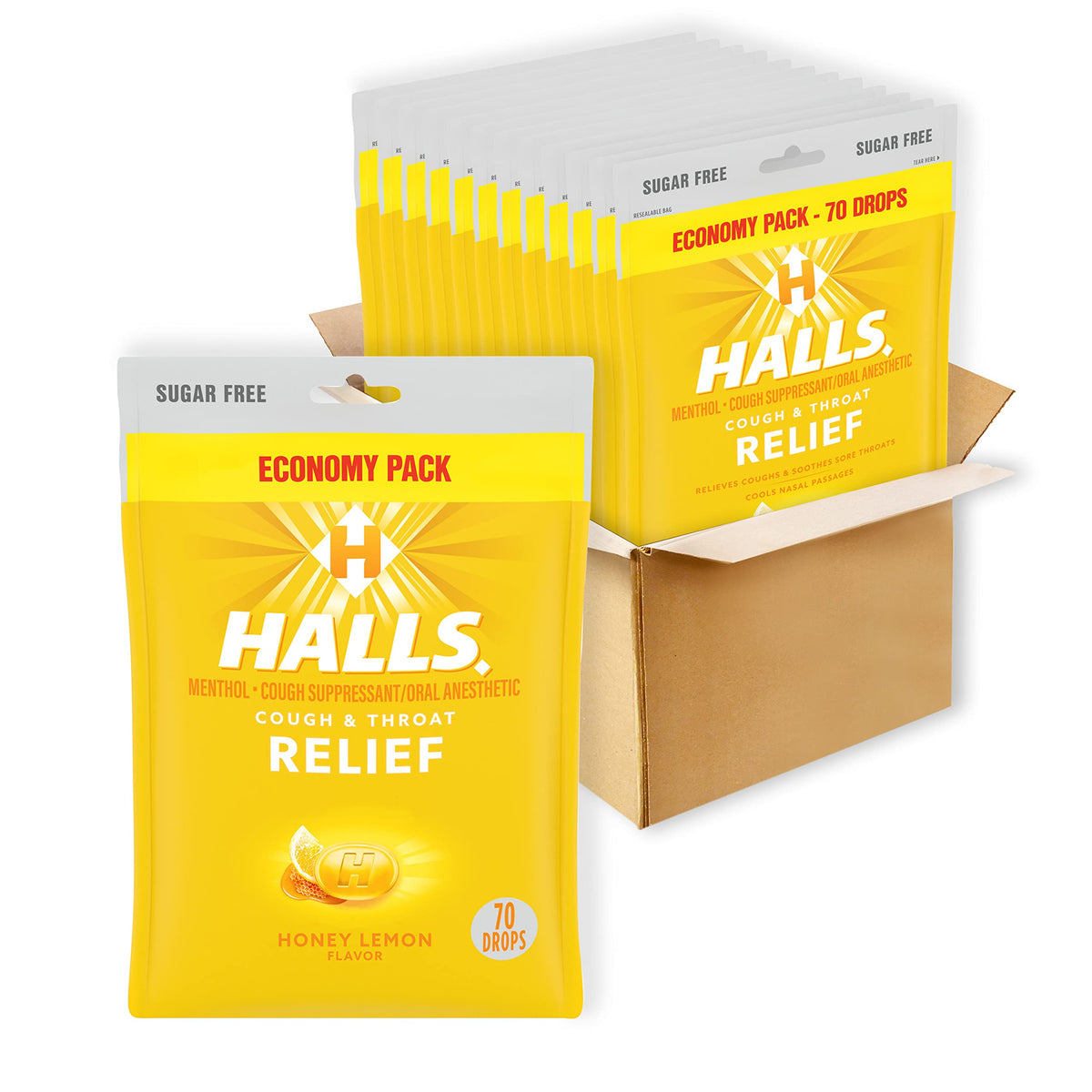 HALLS Relief Honey Lemon box shows portable, sugar-free cough drops for on-the-go relief.