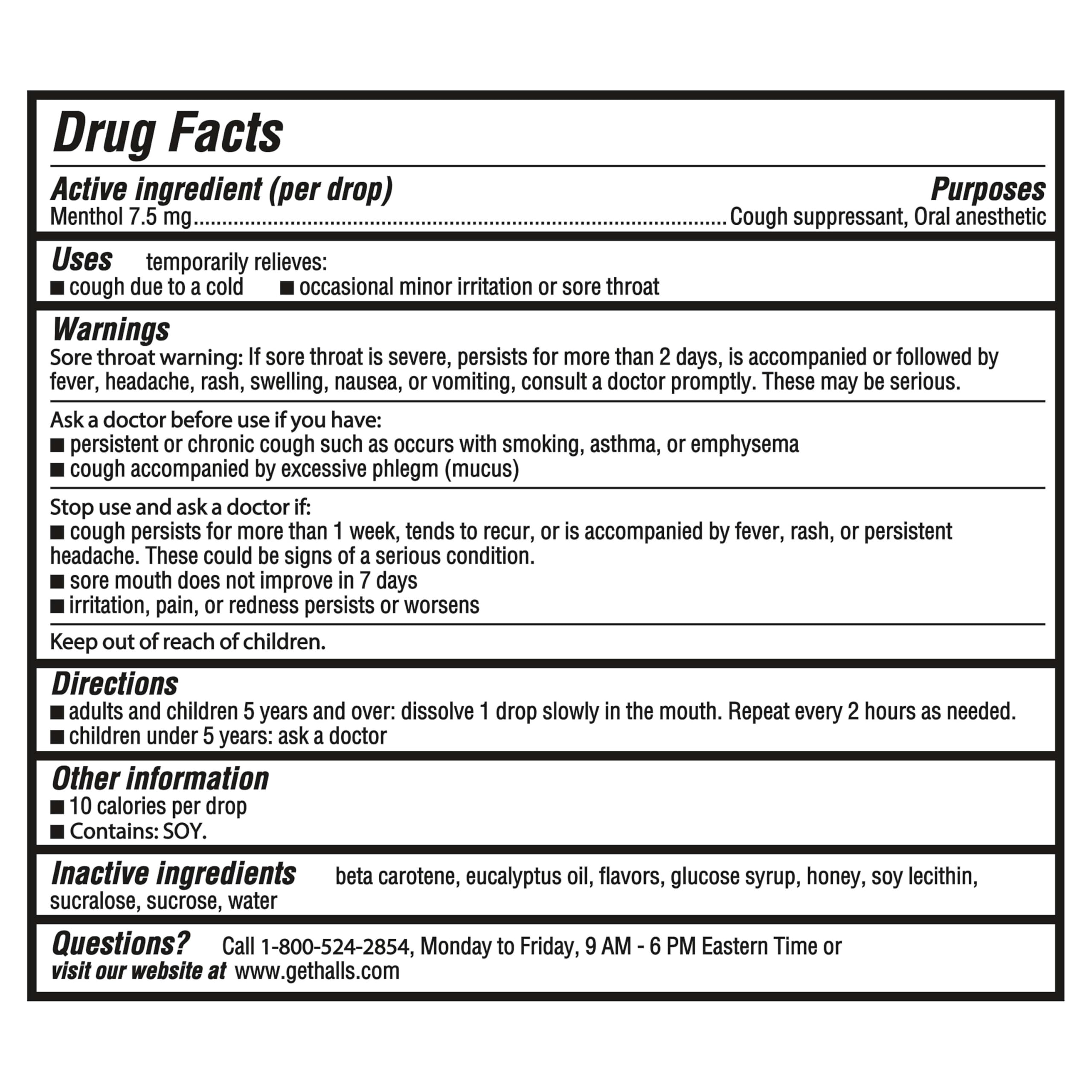 HALLS Relief Honey Lemon pack back label with usage and qty