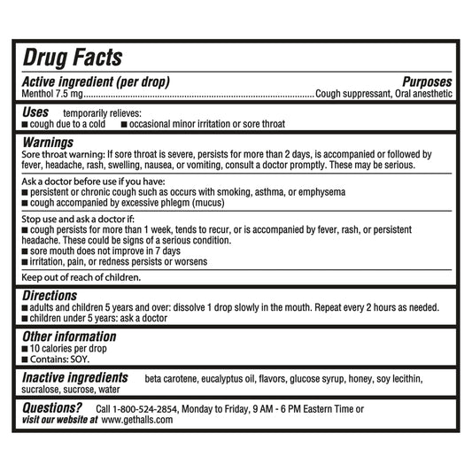 HALLS Relief Honey Lemon pack back label with usage and qty