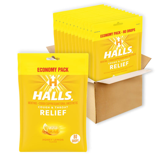 HALLS Relief Honey Lemon pack front for on-the-go cough relief