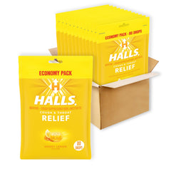 HALLS Relief Honey Lemon pack front for on-the-go cough relief