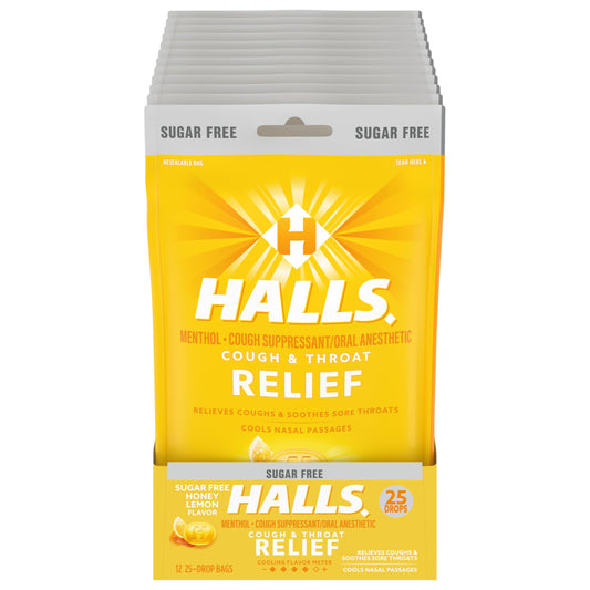 HALLS Relief honey lemon sugar-free drops in a pack for on-the-go cough relief.