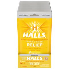HALLS Relief honey lemon sugar-free drops in a pack for on-the-go cough relief.